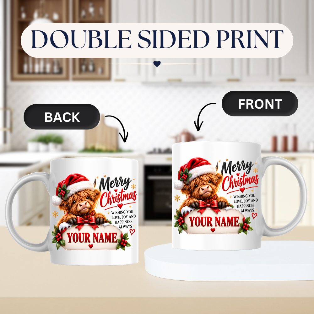 Personalised Christmas Mug "Merry Christmas" 325ml Ceramic Coffee Tea Cup – Santa Hat Highland Cow, Holly Berries, Custom Name & Festive Wish Slogan Novelty Gift for Bestie, Women, Holiday – Fast Dispatch by UK Seller (M3515)