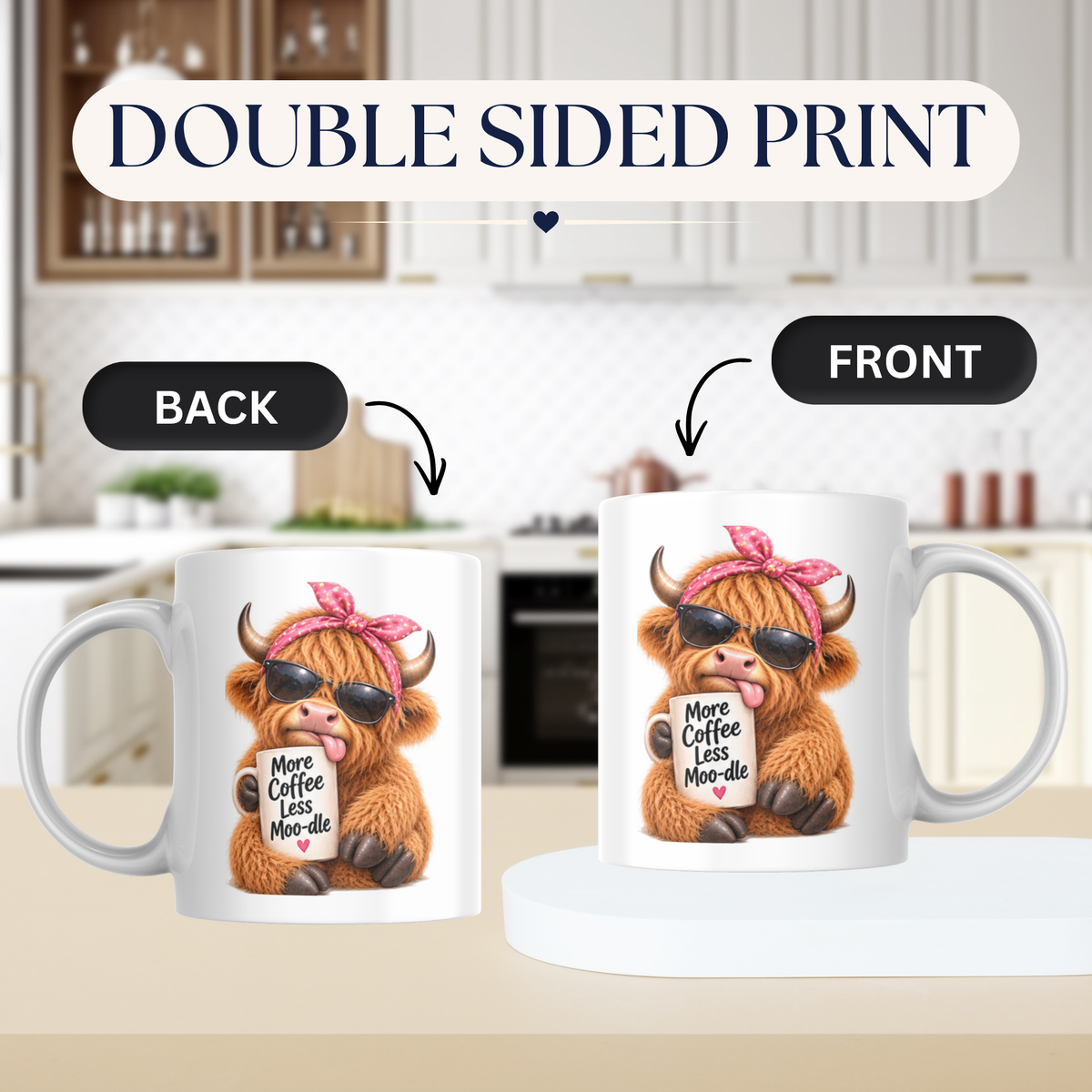 Sassy Mug Highland Cow "More Coffee Less Moo-dle" Ceramic Coffee Mug - Funny Farm Animal with Pink Headband & Sunglasses Tea Cup Gift 350ml | Available in Multicolours | Fast Dispatch by UK Seller (M1222)
