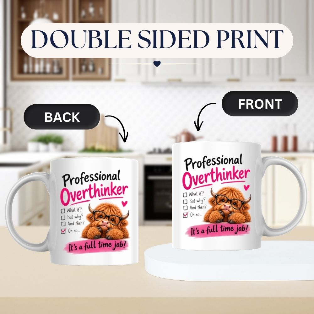 Humorous Mug "Professional Overthinker" Highland Cow 325ml Ceramic Coffee Mug Funny Relatable Tea Cup with Glasses & Checklist Gift | Available in Multicolours | Fast Dispatch by UK Seller (M1289)