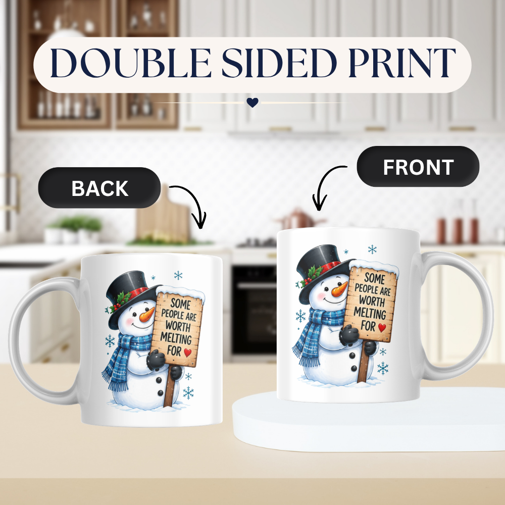 Heartwarming Mug "Some People Are Worth Melting For" Snowman Ceramic Coffee Mug – Cute Winter Holiday Tea Cup with Blue Scarf & Wooden Sign Quote Gift | Available in Multicolours | Fast Dispatch by UK Seller (M1233)