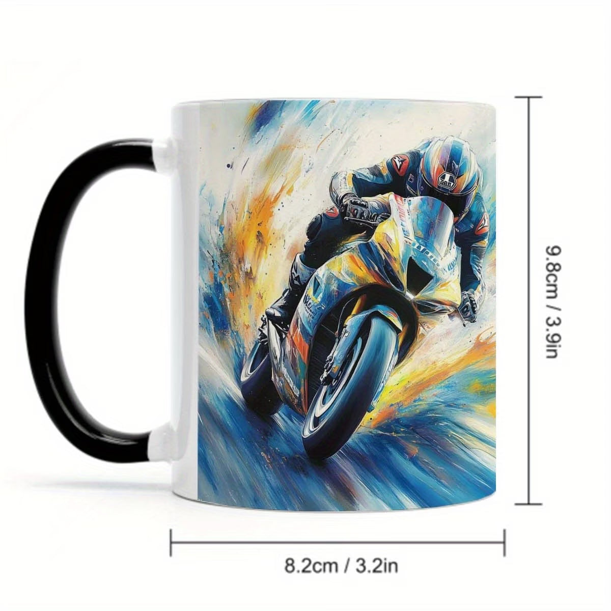 Dynamic Motorcycle Racer Art Ceramic Coffee Mug – Racing Bike Novelty Cup with Black Rim & Handle(M1089)