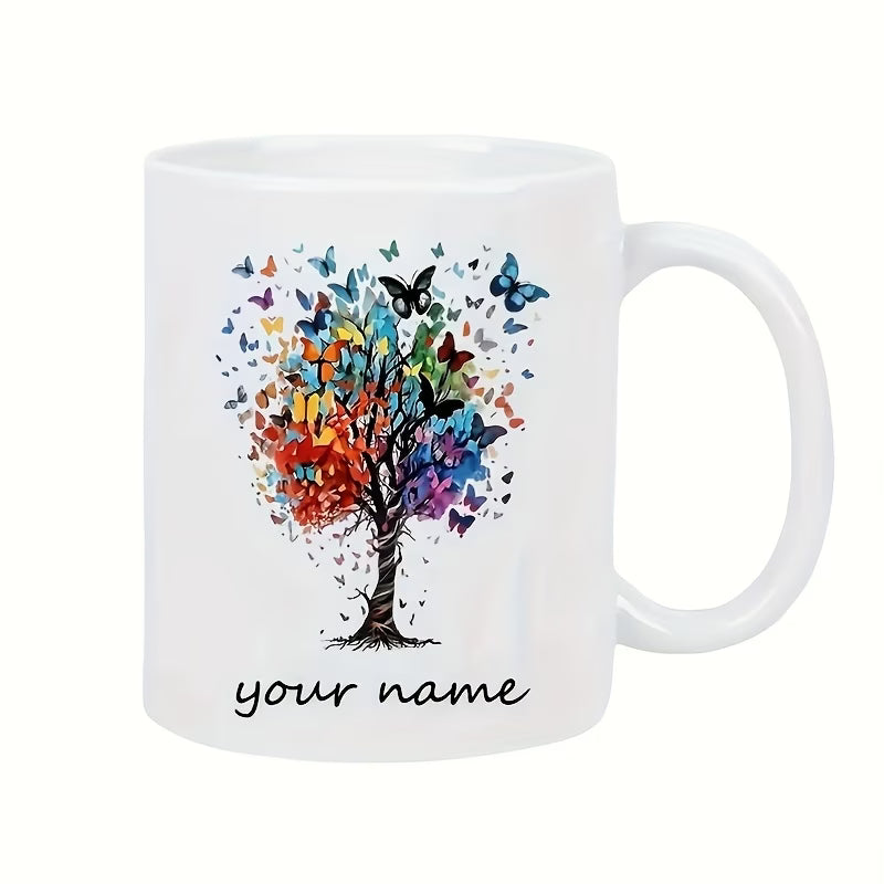 Personalized "Butterfly Tree of Life" Ceramic Coffee Mug – Custom Name Colorful Butterflies, Nature Inspired & Artistic Novelty Cup (M1191)