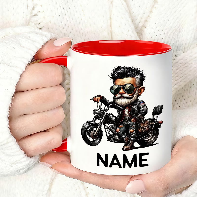 Personalized "Cool Biker Guy" Cartoon Motorcycle Ceramic Coffee Mug – Custom Name Biker Novelty Cup with Red Accent (M1092)