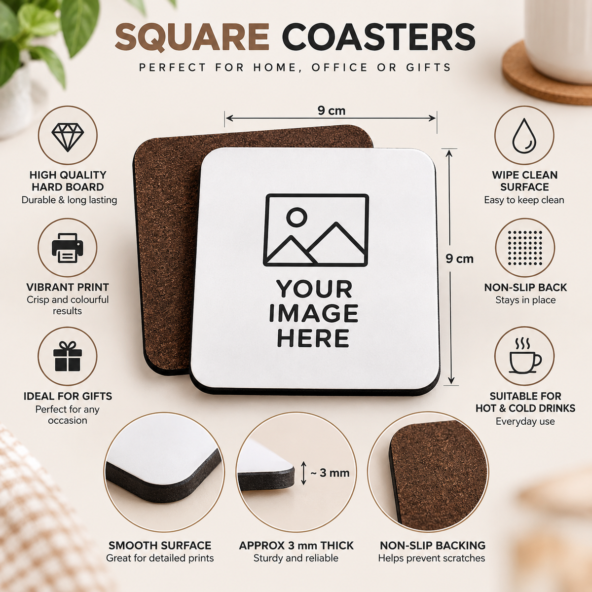 Personalised Square Coaster "Your Photo / Design Here" Custom Photo 9x9cm Hardboard Drinks Mat – High Gloss Coffee & Tea Coaster with Non-Slip Backing Gift | Available in Multipacks | Fast Dispatch by UK Seller (C1001)