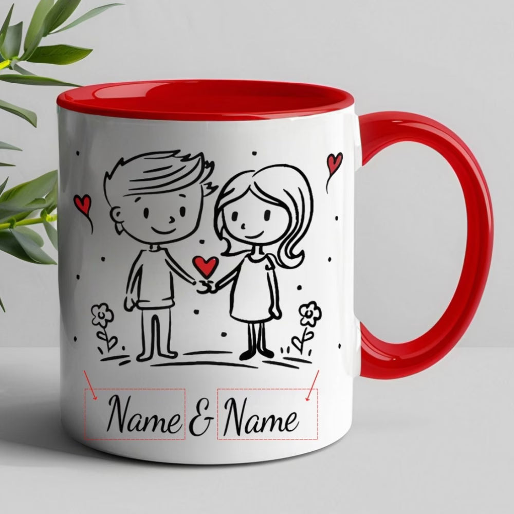 Personalized "Doodle Couple Holding Hands" Ceramic Coffee Mug – Custom Names Romantic Couple & Valentine's Day Novelty Cup (M1157)