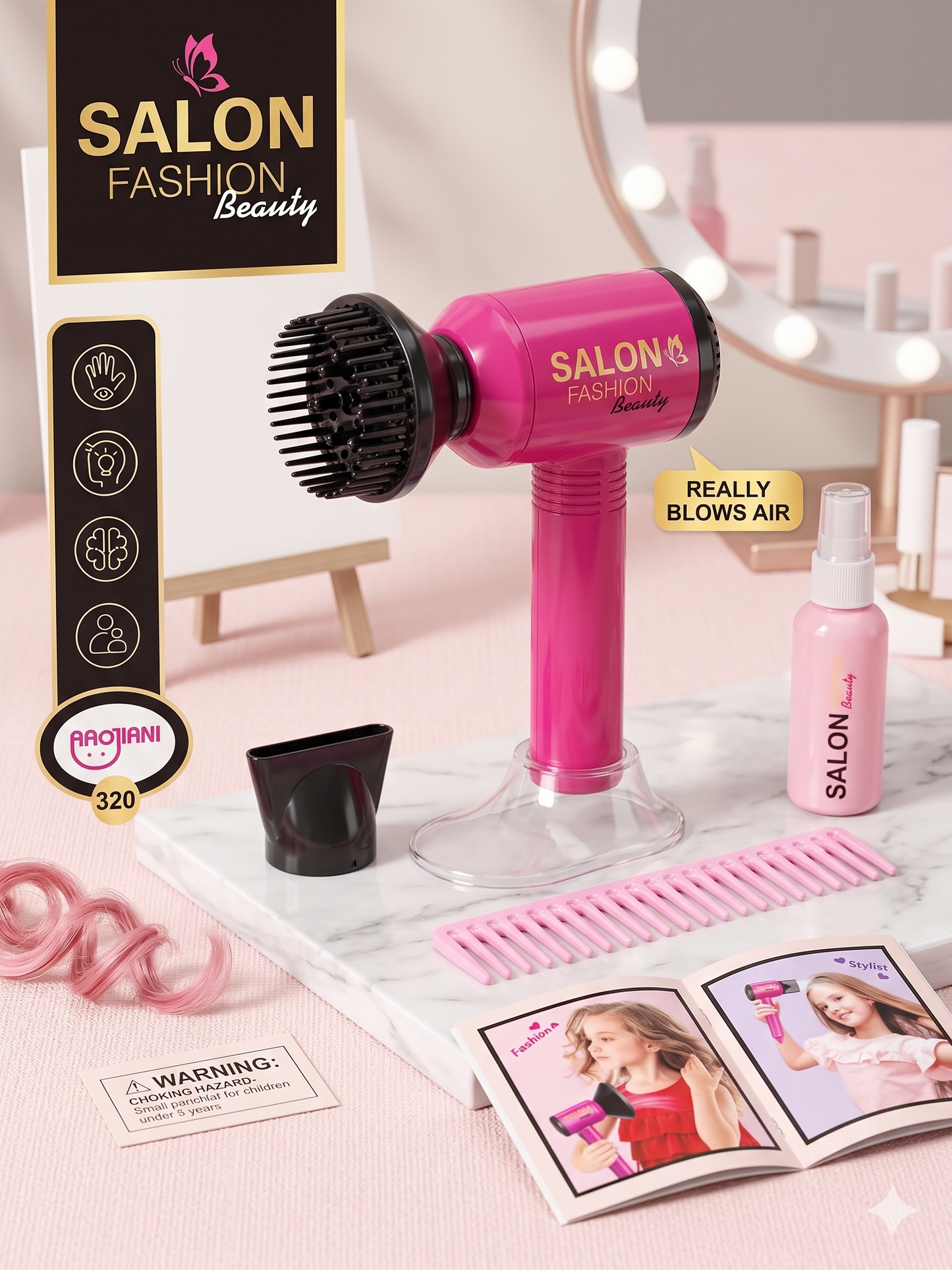 Salon Fashion Beauty Kids Toy Hair Styling Set – Real Working Hair Dryer & Pretend Play Accessories