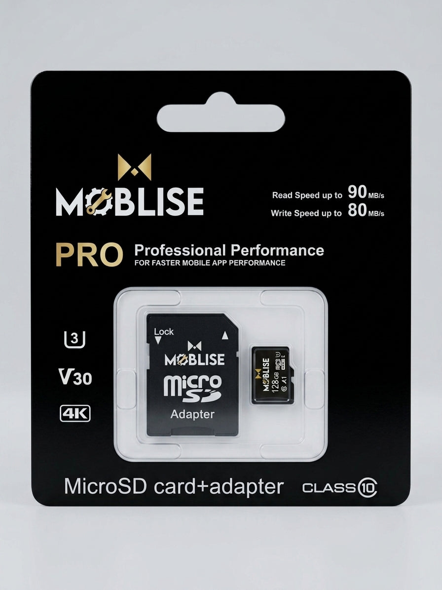 MOBLISE Pro 128GB MicroSDXC Memory Card + SD Adapter Kit - U3, V30, A1, 4K, 90MB/s Read, 80MB/s Write