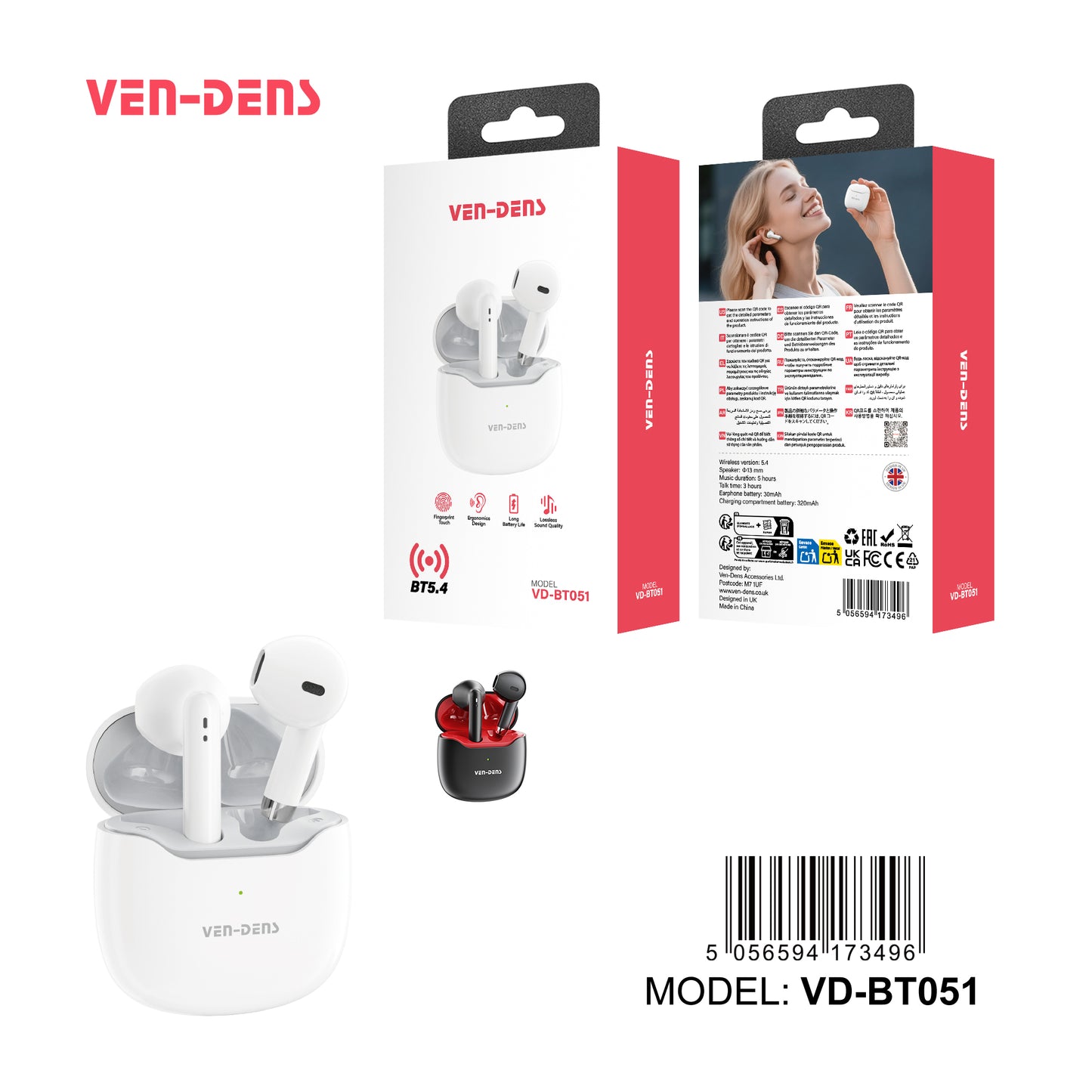 Ven-Dens True Wireless Stereo Earbuds with Fingerprint Touch Control Model VD-BT051