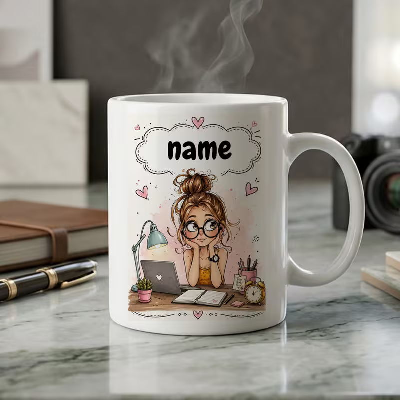 Personalized Cute Working Girl Custom Name Ceramic Coffee Mug – Student & Office Desk Illustration Novelty Cup (M1073)
