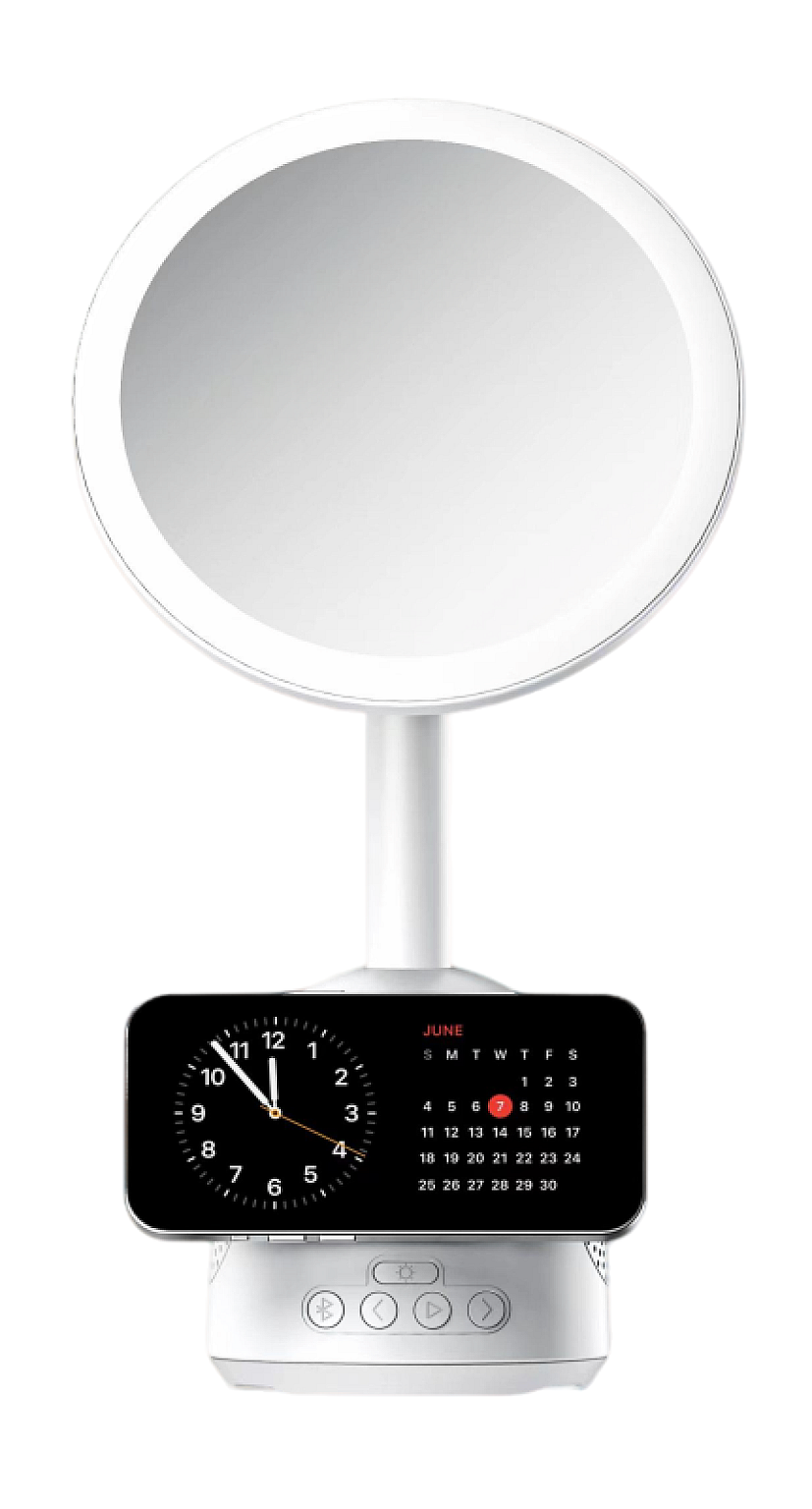 3-in-1 LED Makeup Mirror with Wireless Charging Stand & Bluetooth Speaker | Desktop Vanity Mirror Light with Phone Docking Station