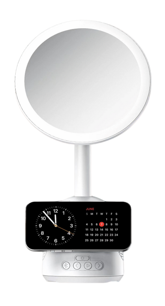 3-in-1 LED Makeup Mirror with Wireless Charging Stand & Bluetooth Speaker | Desktop Vanity Mirror Light with Phone Docking Station