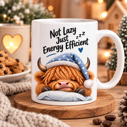 Funny Mug Sleeping Highland Cow "Not Lazy Just Energy Efficient" Ceramic Coffee Mug - Relatable Sarcastic Farm Animal Nightcap Tea Cup Gift | Available in Multicolours | Fast Dispatch by UK Seller (M1223)