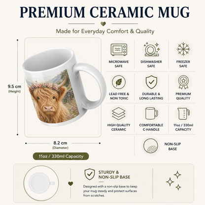 Fluffy Highland Cow Coffee Mug with Floral Crown - Cute Farmhouse Animal Ceramic Tea Cup for Rustic Kitchen Decor & Nature Lovers (M1202)