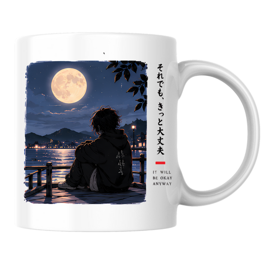 Inspirational Anime Boy Mug "IT WILL Be Okay Anyway" Full Moon Night 325ml Ceramic Coffee Mug – Serene Mindful Tea Cup with Japanese Kanji Lake Skyline Graphic Gift | Available in Multicolours | Fast Dispatch by UK Seller (M3041)