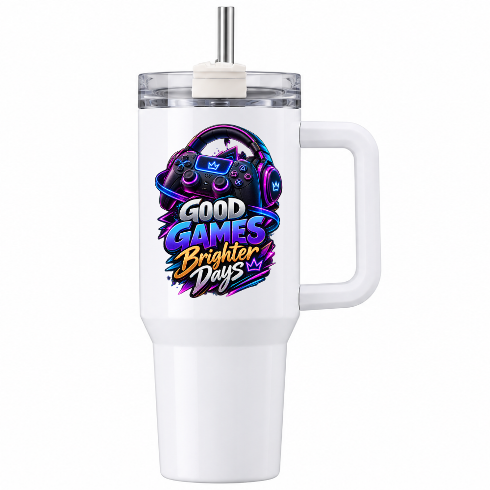 Neon Gaming Travel Tumbler "Good Games Brighter Days" Graphic 40oz Stainless Steel Insulated Travel Mug with Handle & Straw – Headset, Game Controller & Neon Swirl Novelty Gift for Gamers | Fast Dispatch by UK Seller (T3060)