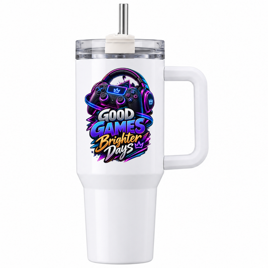 Neon Gaming Travel Tumbler "Good Games Brighter Days" Graphic 40oz Stainless Steel Insulated Travel Mug with Handle & Straw – Headset, Game Controller & Neon Swirl Novelty Gift for Gamers | Fast Dispatch by UK Seller (T3060)