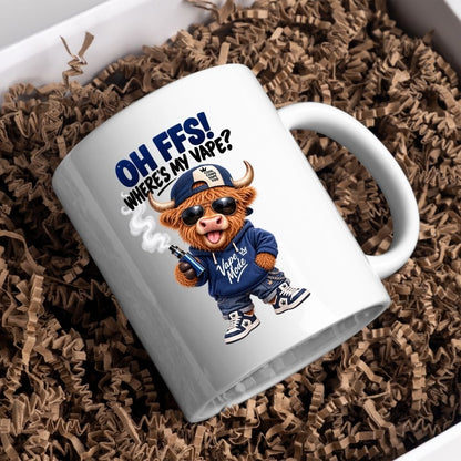 Funny Mug Highland Cow "Where's My V" Coffee Mug - Sarcastic Meme Animal Ceramic Tea Cup & Novelty Gift 350ml | Available in Multicolours | Fast Dispatch by UK Seller (M1205)