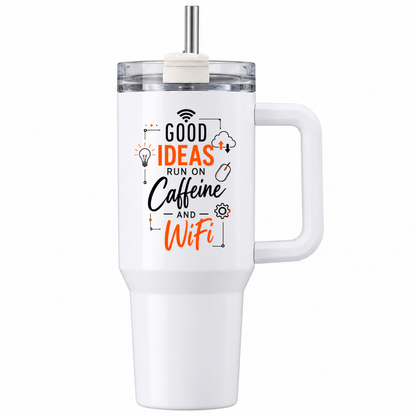 Funny Office Tech Travel Tumbler "GOOD IDEAS RUN ON Caffeine AND WiFi" Graphic 40oz Stainless Steel Insulated Travel Mug with Handle & Straw – Lightbulb, Cloud, Mouse & Gear Icons Novelty Gift for Coders & Office | Fast Dispatch by UK Seller (T3054)
