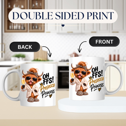 Highland Cow Prosecco Princess Mug "Oh FFS! Prosecco Princess" Oh FFS! Prosecco Princess 325ml Ceramic Coffee Mug – Cute Highland Cow in Bathrobe, Leopard Bow & Slippers holding Champagne Flute | Funny Gift | Fast Dispatch by UK Seller (M3393)