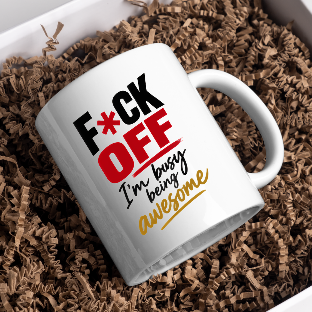 Swearing Mug "F*CK OFF I'm Busy Being Awesome" Sarcastic Typography 325ml Ceramic Coffee Mug Bold Funny Work Cup with Red Accent Text Gift | Available in Multicolours | Fast Dispatch by UK Seller (M3060)