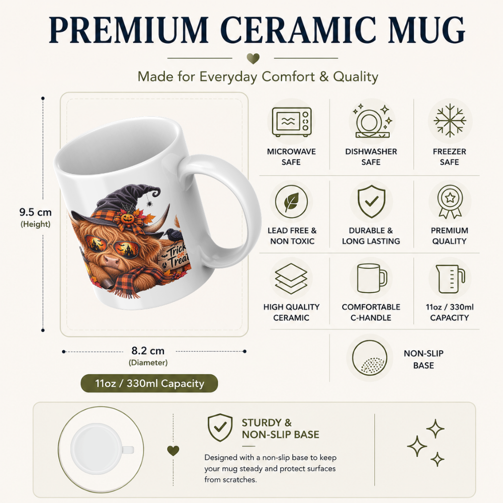 Cool Spooky Halloween Highland Cow Coffee Mug - "Trick or Treat" Jack-o'-Lantern & Witch Hat Ceramic Tea Cup for Fall Season Decor (M1213)