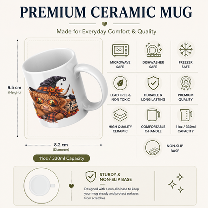 Cool Spooky Halloween Highland Cow Coffee Mug - "Trick or Treat" Jack-o'-Lantern & Witch Hat Ceramic Tea Cup for Fall Season Decor (M1213)