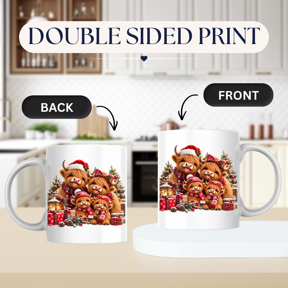 Christmas Highland Cow Family Mug Christmas Highland Cow Family 325ml Ceramic Coffee Mug – Festive Scottish Cows in Santa Hats, Bows & Scarves with Presents | Holiday Gift | Fast Dispatch by UK Seller (M3375)