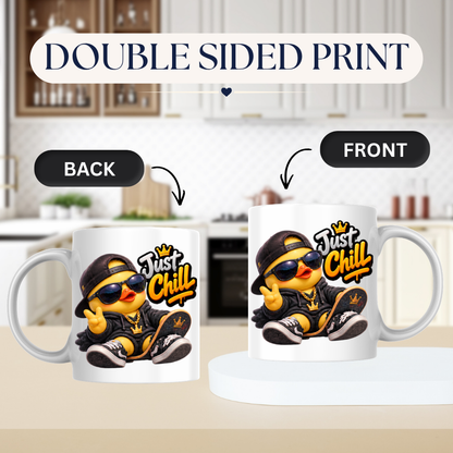 Skateboard Mug "Just Chill Cool Duck" Just Chill 325ml Ceramic Coffee Mug – Cool Skater Duck in Black Hoodie, Cap, Sunglasses & Gold Crown Chain With Skateboard Fun Gift For Skaters Friends | Available in Multicolours | Fast Dispatch by UK Seller (M3252)