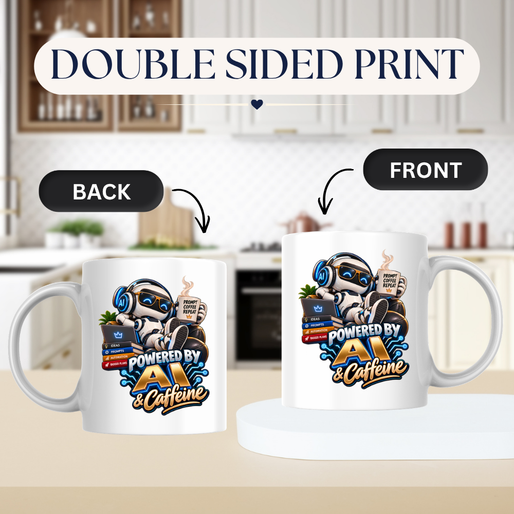 Tech Mug "Powered By AI & Caffeine" Powered By AI & Caffeine 325ml Ceramic Coffee Mug – Funny Robot Programmer Mug with Prompt Coffee Repeat & Tech Books | Gift for Techies | Fast Dispatch by UK Seller (M3323)