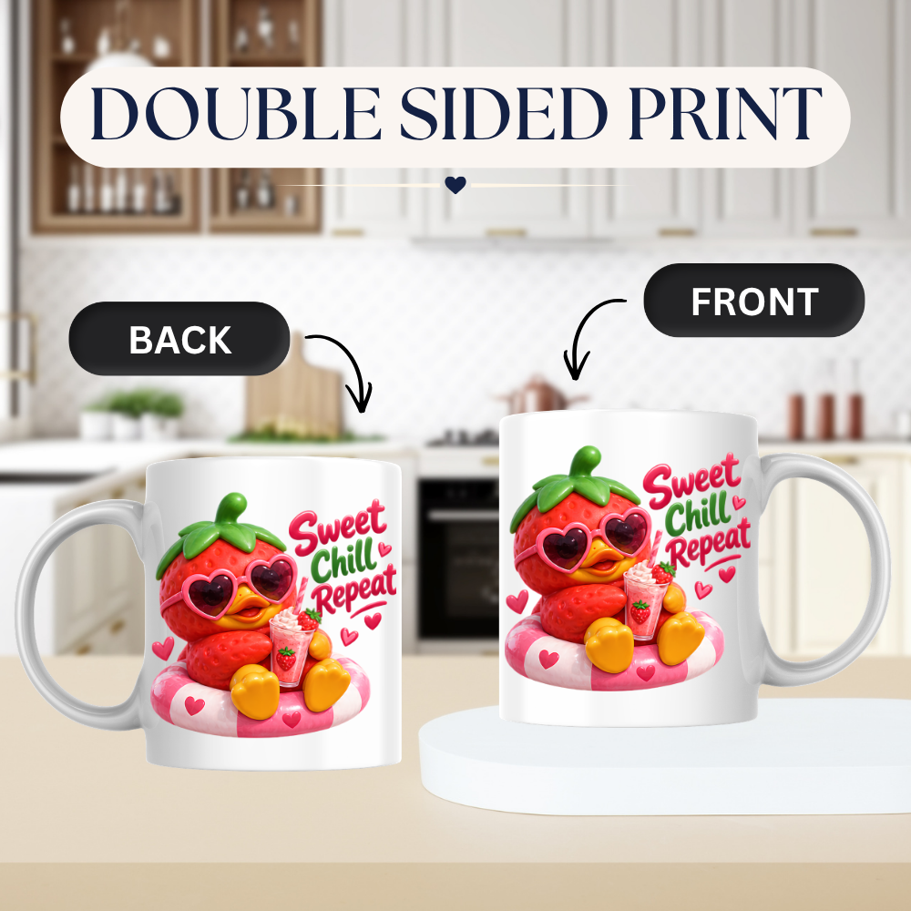 Summer Mug "Sweet Chill Repeat Strawberry Duck" 325ml Ceramic Coffee Mug – Cute Strawberry Duck in Heart Sunglasses on Pool Float With Milkshake Summer Gift For Friends Family | Available in Multicolours | Fast Dispatch by UK Seller (M3246)