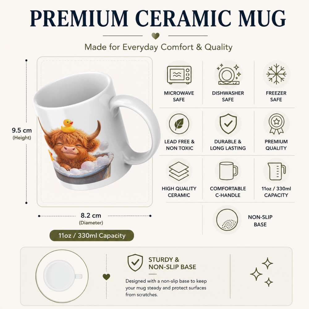 Cute Baby Highland Cow in Bubble Bath Coffee Mug - Rubber Duck Farm Animal Ceramic Tea Cup for Relaxation & Bath Time Gift (M1218)