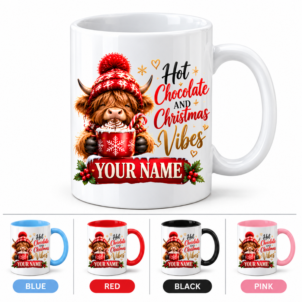 Personalised Christmas Mug "Hot Chocolate And Christmas Vibes" 325ml Ceramic Coffee Tea Cup – Winter Highland Cow, Hot Cocoa, Custom Name & Festive Slogan Novelty Gift for Bestie, Women, Holiday – Fast Dispatch by UK Seller (M3516)