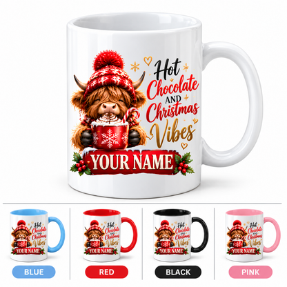 Personalised Christmas Mug "Hot Chocolate And Christmas Vibes" 325ml Ceramic Coffee Tea Cup – Winter Highland Cow, Hot Cocoa, Custom Name & Festive Slogan Novelty Gift for Bestie, Women, Holiday – Fast Dispatch by UK Seller (M3516)