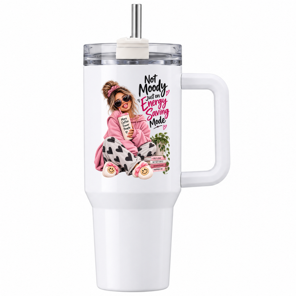 Funny Sassy Travel Tumbler "Not Moody Just On Energy Saving Mode" Graphic 40oz Stainless Steel Insulated Travel Mug with Handle & Straw – Fashion Girl in Pink Hoodie, Heart Pyjamas & Slippers Novelty Travel Cup | Fast Dispatch by UK Seller (T3017)