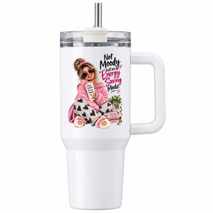 Funny Sassy Travel Tumbler "Not Moody Just On Energy Saving Mode" Graphic 40oz Stainless Steel Insulated Travel Mug with Handle & Straw – Fashion Girl in Pink Hoodie, Heart Pyjamas & Slippers Novelty Travel Cup | Fast Dispatch by UK Seller (T3017)