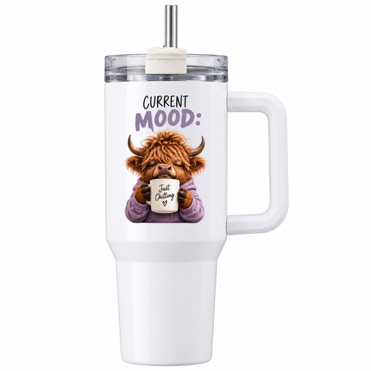 Cute Highland Cow Travel Tumbler "Current Mood: Just Chilling" Graphic 40oz Stainless Steel Insulated Travel Mug with Handle & Straw – Cozy Cow in Purple Hoodie with Coffee Mug Novelty Travel Cup | Fast Dispatch by UK Seller (T3027)