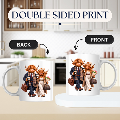 Highland Cow Mug "Dressed To Impress Highland Cow Couple" 325ml Ceramic Coffee Mug – Stylish Highland Cow Couple in Suits Trench Coats Carrying Coffee Romantic Gift For Couples Anniversaries | Available in Multicolours | Fast Dispatch by UK Seller (M3259)