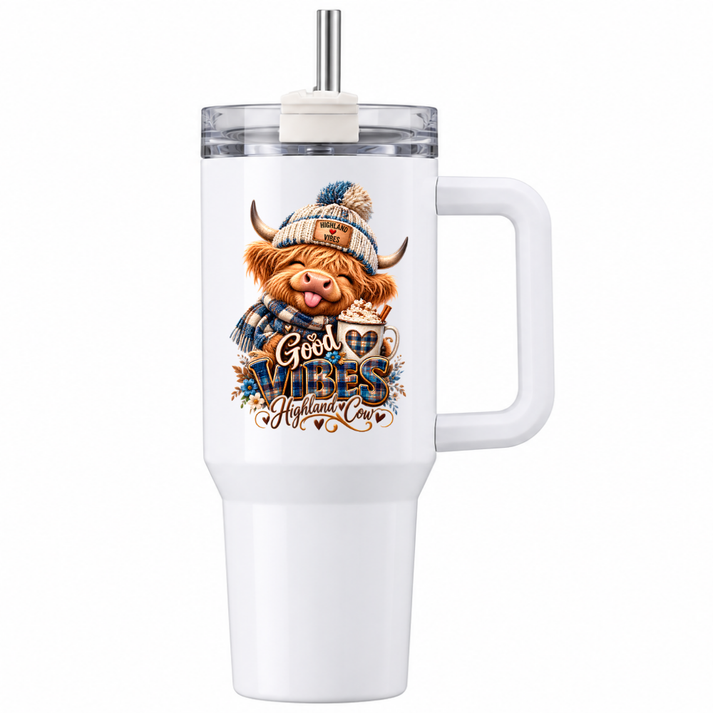 Cute Highland Cow Travel Tumbler "Good Vibes Highland Cow" Graphic 40oz Stainless Steel Insulated Travel Mug with Handle & Straw â€“ Winter Calf in Bobble Hat & Scarf with Hot Chocolate Novelty Travel Cup | Fast Dispatch by UK Seller (T3002)