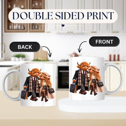 Fashion Mug "Stylish Highland Cow Couple Shopping" Stylish Highland Cow Couple 325ml Ceramic Coffee Mug – Chic Autumn Fashion Tea Cup with Winter Overcoats Designer Handbag Graphic Gift | Available in Multicolours | Fast Dispatch by UK Seller (M3188)