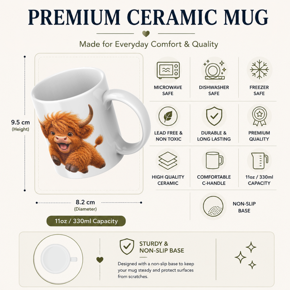 Joyful Jumping Baby Highland Cow Coffee Mug - Cute Playful Farm Animal Ceramic Tea Cup for Happy Morning & Animal Lover Gift (M1216)