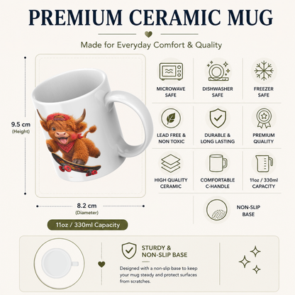 Skateboard Highland Cow Ceramic Coffee Mug - Cool Fluffy Farm Animal Baseball Cap & Bandana Tea Cup for Skaters & Animal Lovers (M1220)