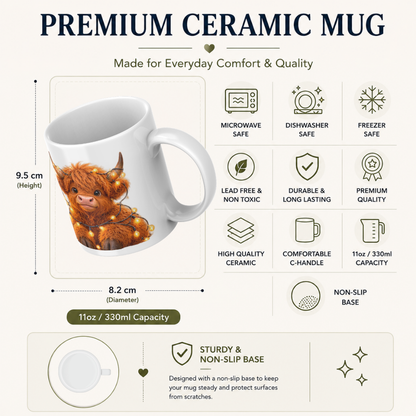 Fairy Lights Highland Cow Ceramic Coffee Mug - Glowing Warm Light Farm Animal Tea Cup for Cozy Winter Nights & Holiday Decor (M1221)