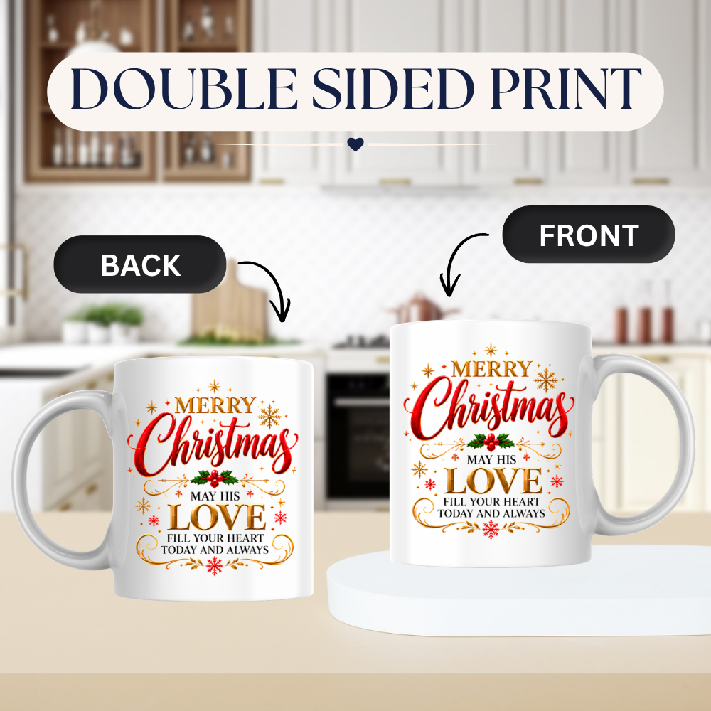Christmas Mug "Merry Christmas May His Love Fill Your Heart" 325ml Ceramic Coffee Mug – Christian Holiday Blessing Mug With Holly Berries Gold Snowflakes Festive Gift | Available in Multicolours | Fast Dispatch by UK Seller (M3291)
