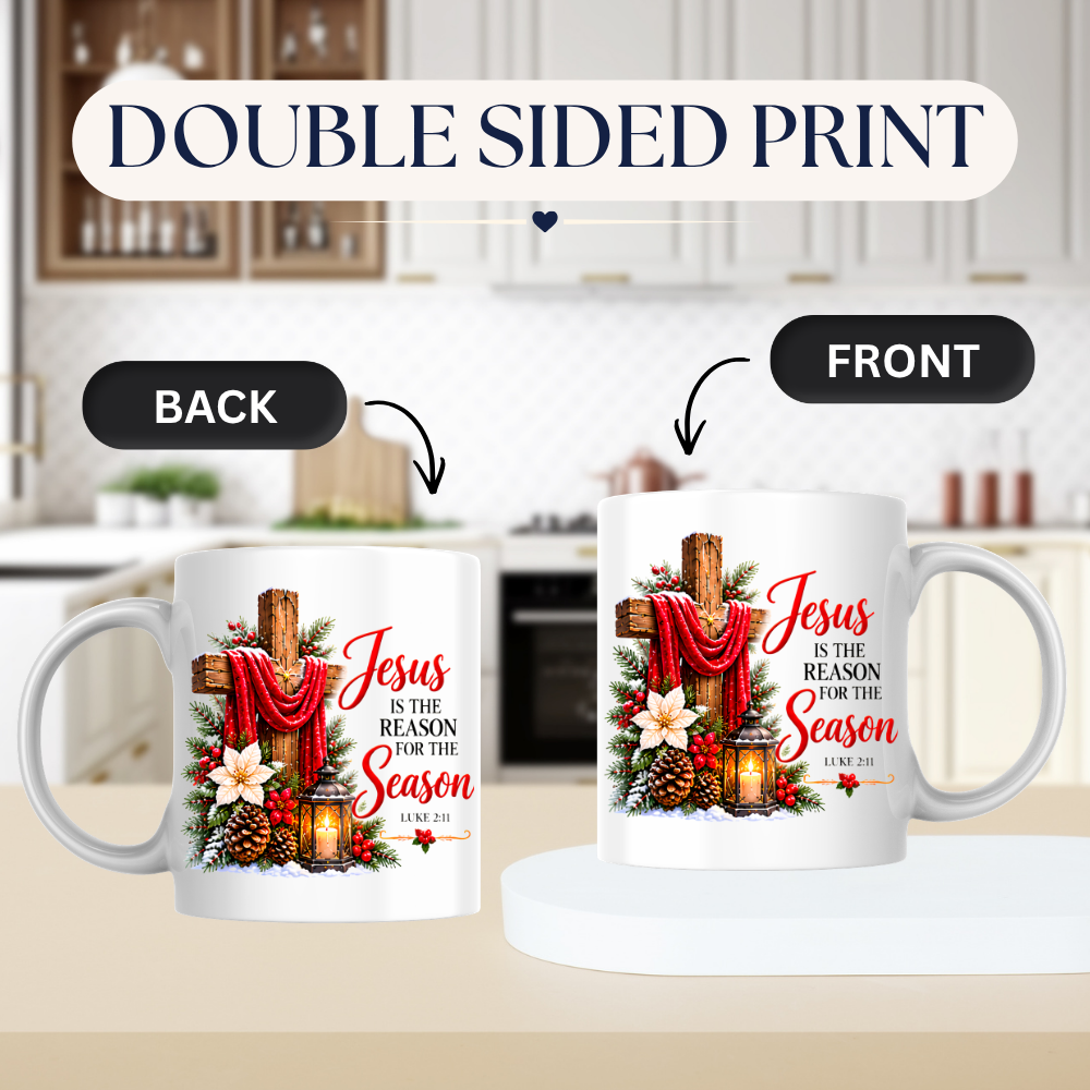 Religious Christmas Mug "Jesus Is The Reason For The Season" Jesus Is The Reason For The Season 325ml Ceramic Coffee Mug – Christian Christmas Cross Mug with Luke 2:11, Lantern & Poinsettia | Religious Holiday Gift | Fast Dispatch by UK Seller (M3337)