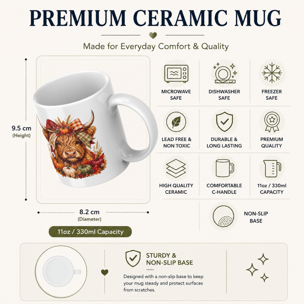 Autumn Harvest Highland Cow Coffee Mug - Fall Pumpkin & Plaid Bow Farmhouse Animal Ceramic Tea Cup for Thanksgiving & Rustic Kitchen Decor (M1207)