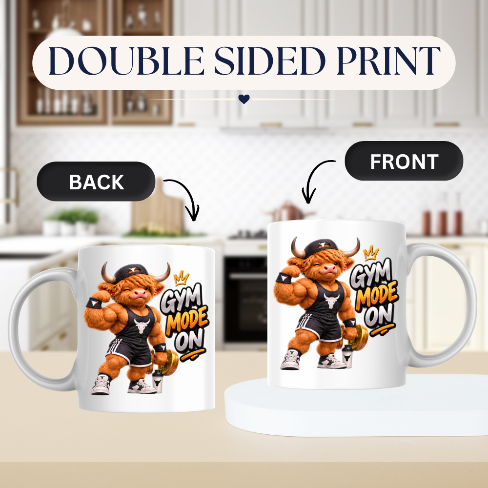Gym Mug "Gym Mode ON Muscular Highland Cow" Gym Mode ON 325ml Ceramic Coffee Mug – Muscular Winking Highland Cow in Tank Top & Cap Flexing Bicep Holding Gold Dumbbell Shaker Gym Fitness Gift | Available in Multicolours | Fast Dispatch by UK Seller (M3271)