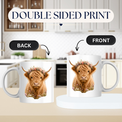 Floral Mug "Boho Highland Cow" Floral Crown Highland Cow 325ml Ceramic Coffee Mug Pretty Botanical Tea Cup with Pink Rose Flower Crown Graphic Gift | Available in Multicolours | Fast Dispatch by UK Seller (M3152)