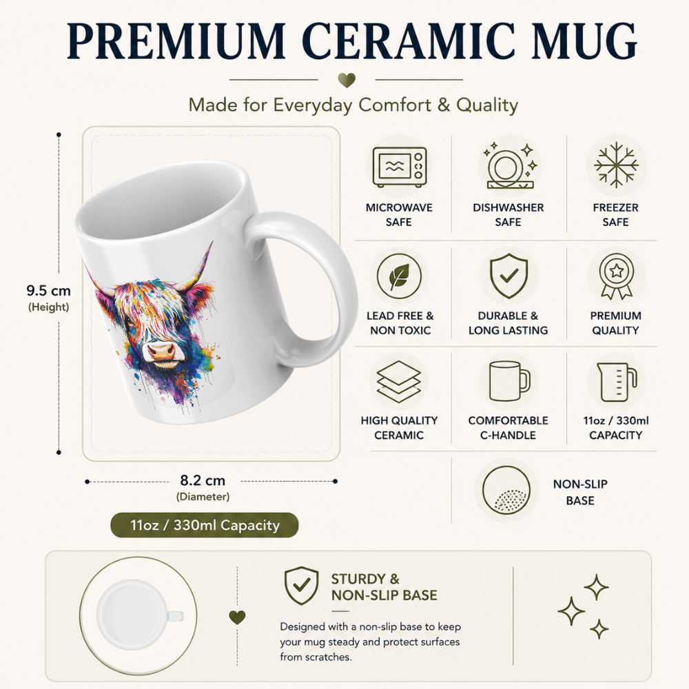 Colorful Watercolor Splash Highland Cow Ceramic Coffee Mug (M1209)