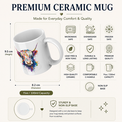Colorful Watercolor Splash Highland Cow Ceramic Coffee Mug (M1209)