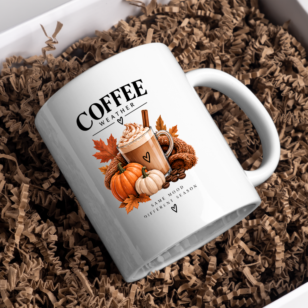 Cozy Autumn Pumpkin Spice Latte Mug "Coffee Weather: Same Mood Different Season" Graphic 325ml Ceramic Coffee Cup Autumn Drink with Whipped Cream Novelty Tea Cup | Cozy Fall Gift for Coffee Lovers | Available in Multicolours | Fast Dispatch (M3132)